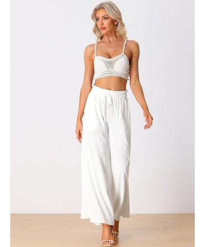 Women's Casual High Waist Drawstring Loose Fit Pocket Wide Leg Pants White $12.30 Pants