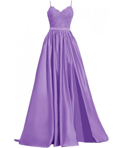 Women's Lace Prom Dresses Long Satin Slit Formal Evening Gowns with Pockets Lilac $33.00 Dresses