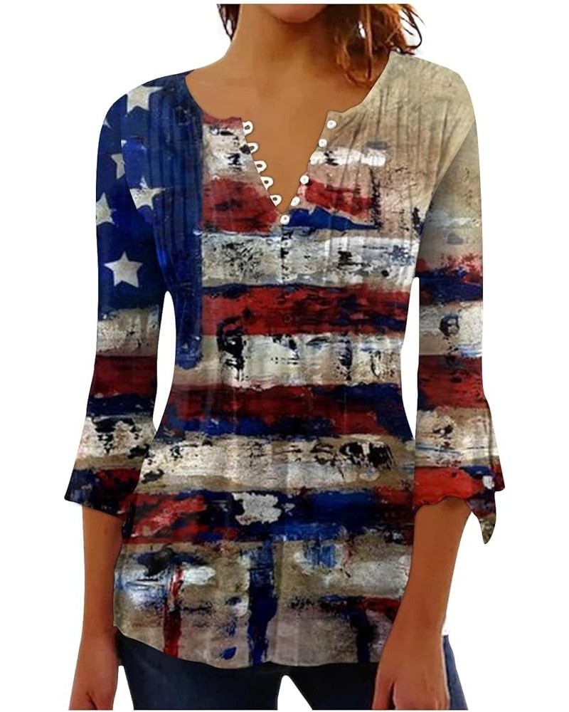 4th of July Shirts for Women Independence Day Star Stripes Print Tops Casual Bell 3/4 Sleeve Button V Neck Tops 03-multicolor...