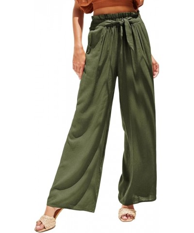 Casual Wide Leg Pants for Women Elastic High Waist Tie Solid Lounge Pants with Pockets Green $22.95 Pants