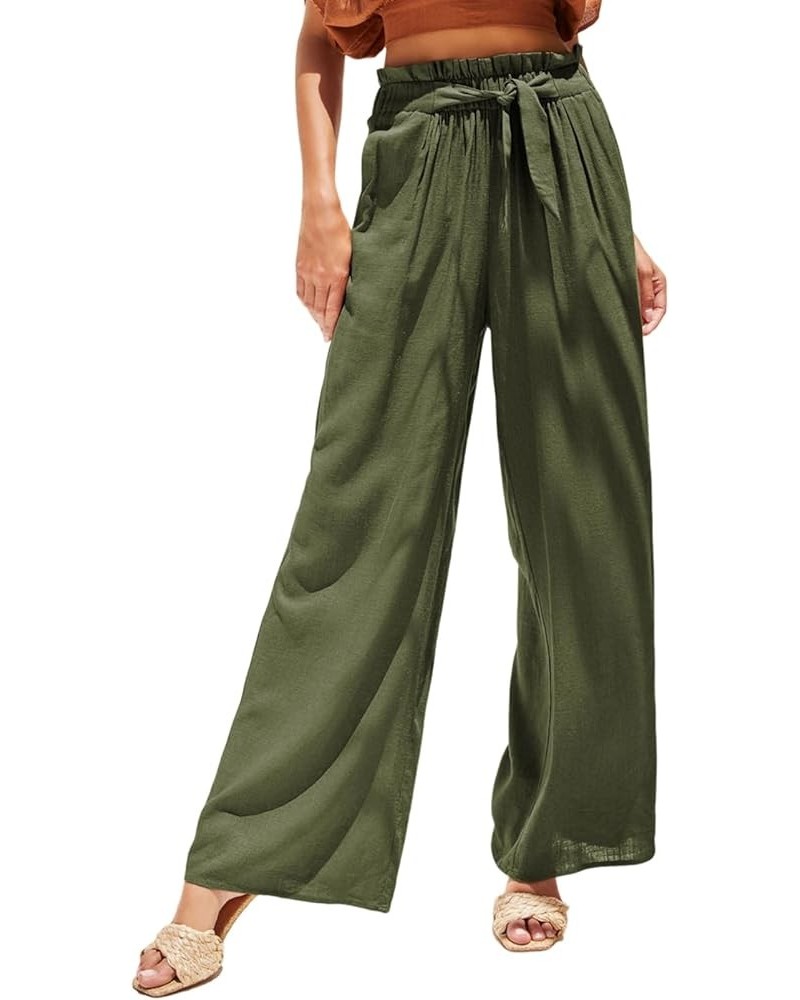 Casual Wide Leg Pants for Women Elastic High Waist Tie Solid Lounge Pants with Pockets Green $22.95 Pants