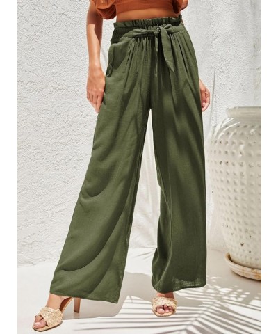 Casual Wide Leg Pants for Women Elastic High Waist Tie Solid Lounge Pants with Pockets Green $22.95 Pants