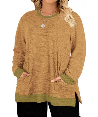 Womens-Plus-Size-Sweatshirts Long Sleeve Tops Side Split Tunics with Pockets Light Yellow $19.19 Tops