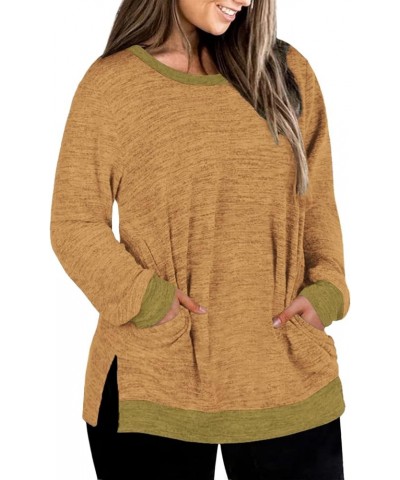 Womens-Plus-Size-Sweatshirts Long Sleeve Tops Side Split Tunics with Pockets Light Yellow $19.19 Tops