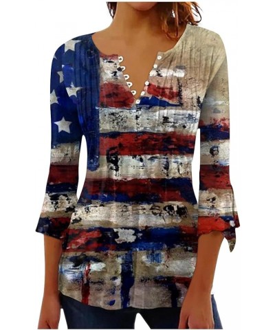 4th of July Shirts for Women Independence Day Star Stripes Print Tops Casual Bell 3/4 Sleeve Button V Neck Tops 03-multicolor...