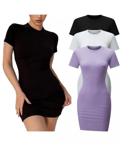 3 Pack Women's Summer Bodycon Dresses Crew Neck Short Sleeve Casual T Shirt Dress Party Club Mini Bodycon Dress Black/White/P...