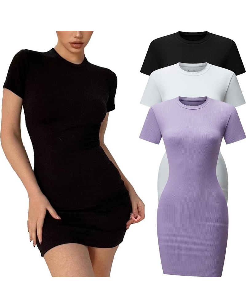 3 Pack Women's Summer Bodycon Dresses Crew Neck Short Sleeve Casual T Shirt Dress Party Club Mini Bodycon Dress Black/White/P...