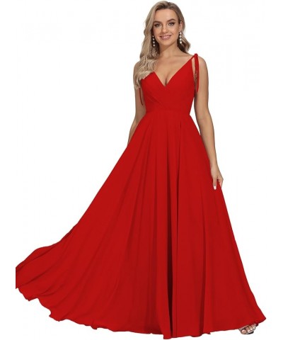 Bridesmaid Dresses Long Chiffon Formal Dress Open Back V Neck Evening Prom Gown for Women with Pockets Red $24.40 Dresses