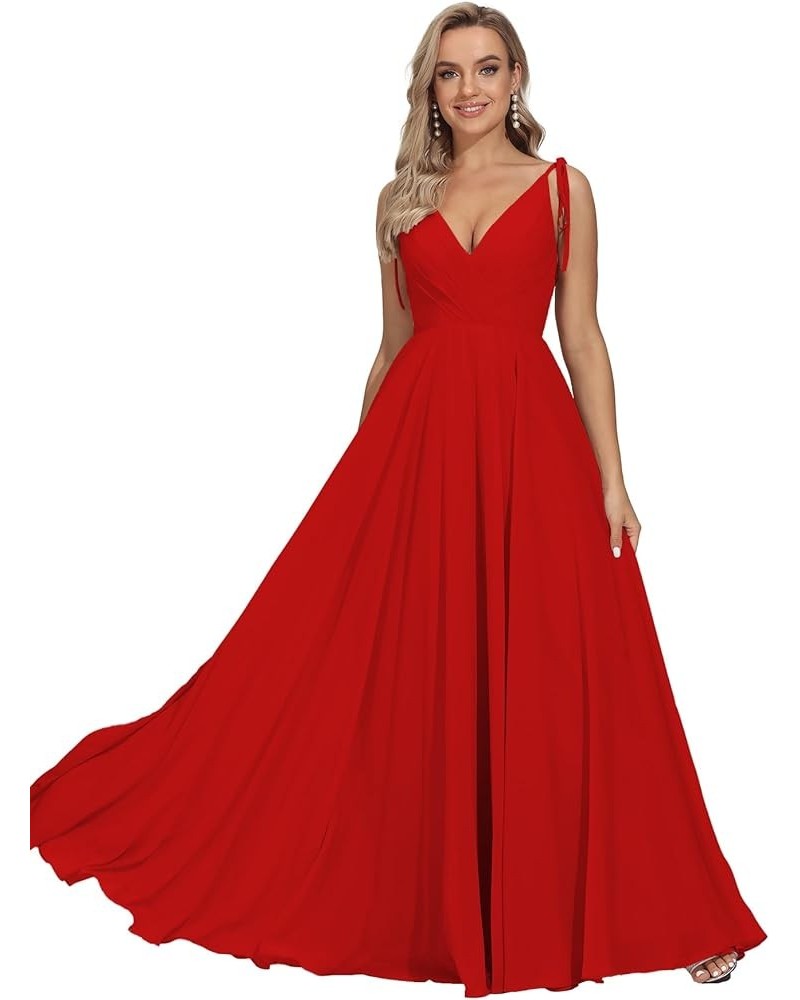 Bridesmaid Dresses Long Chiffon Formal Dress Open Back V Neck Evening Prom Gown for Women with Pockets Red $24.40 Dresses