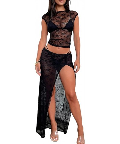 Women Sheer Mesh Dresses Y2K 2 Piece Skirt Sets Sexy See Through Lace Crop Top Camisole Skirt Bodycon Dress Clubwear A Black ...