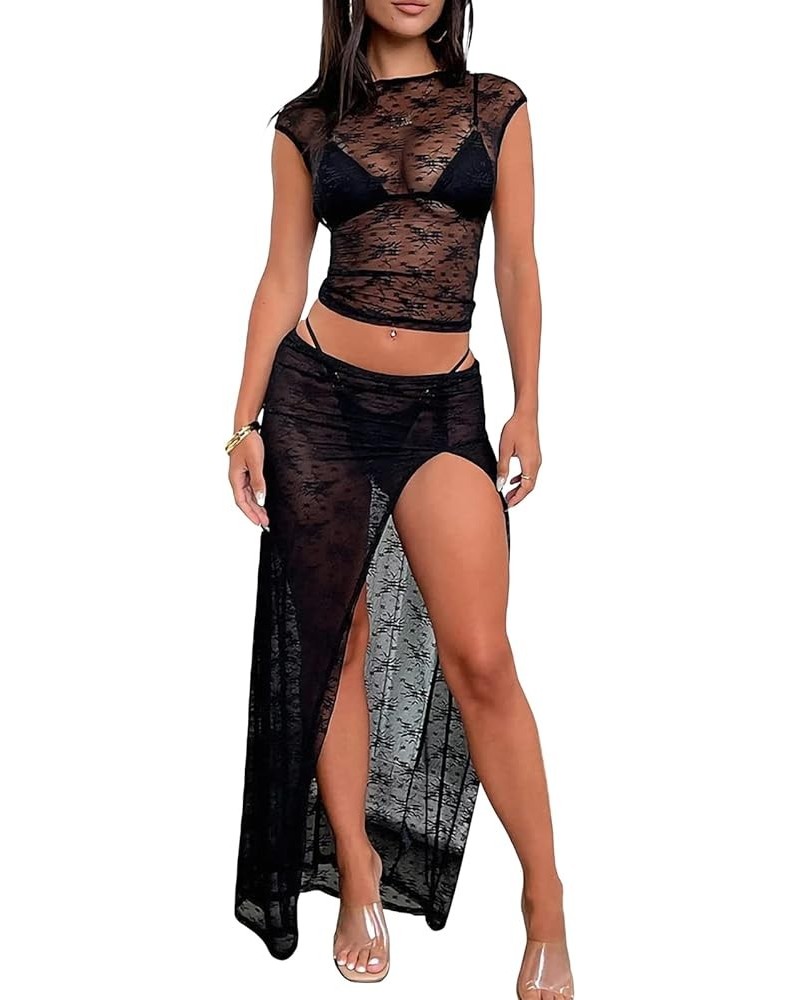 Women Sheer Mesh Dresses Y2K 2 Piece Skirt Sets Sexy See Through Lace Crop Top Camisole Skirt Bodycon Dress Clubwear A Black ...