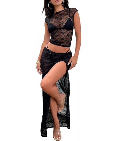 Women Sheer Mesh Dresses Y2K 2 Piece Skirt Sets Sexy See Through Lace Crop Top Camisole Skirt Bodycon Dress Clubwear A Black ...