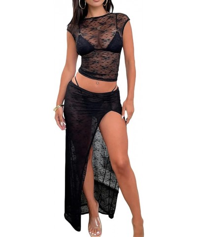 Women Sheer Mesh Dresses Y2K 2 Piece Skirt Sets Sexy See Through Lace Crop Top Camisole Skirt Bodycon Dress Clubwear A Black ...