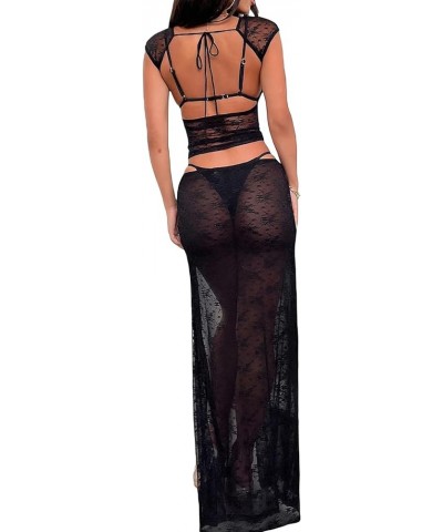 Women Sheer Mesh Dresses Y2K 2 Piece Skirt Sets Sexy See Through Lace Crop Top Camisole Skirt Bodycon Dress Clubwear A Black ...