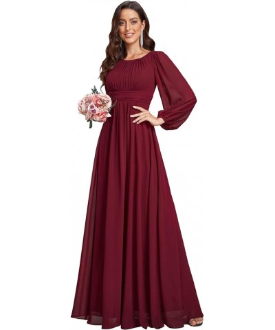 Women's Crewneck Lantern Sleeves A-Line Pleated Chiffon Maxi Formal Dress 0106B Burgundy $29.19 Dresses