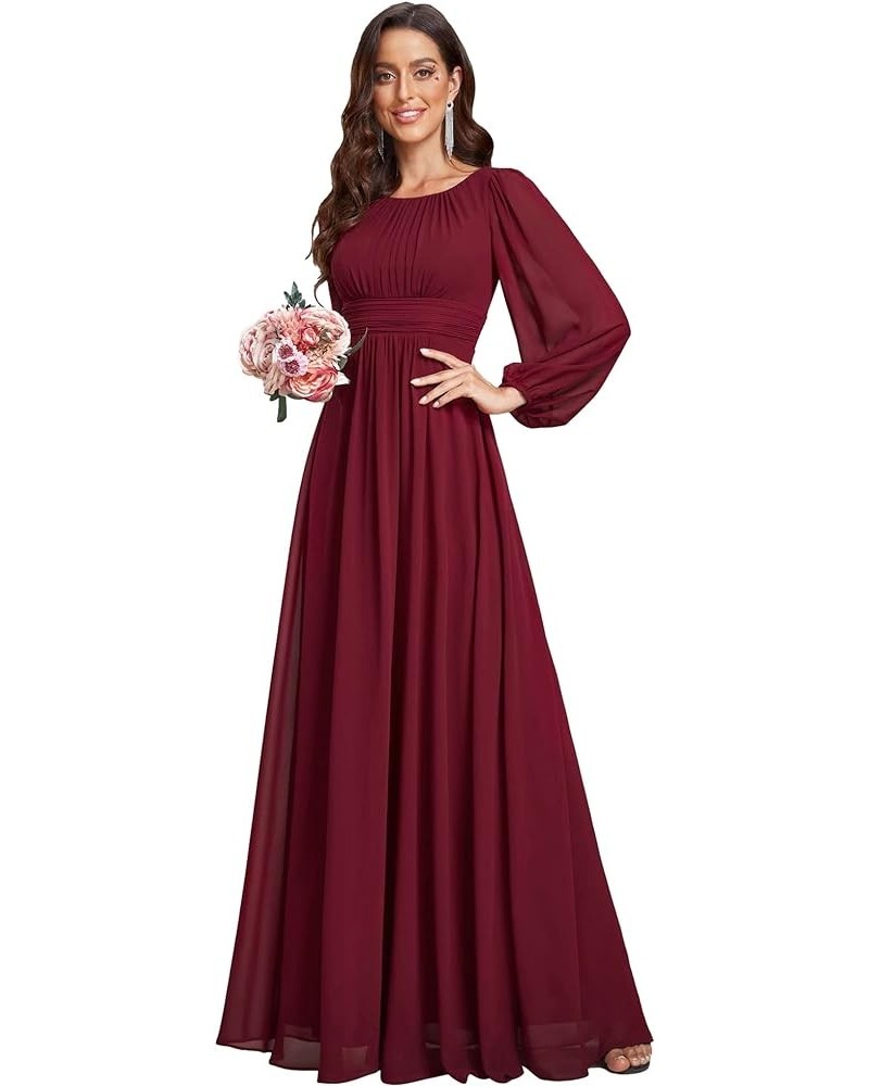 Women's Crewneck Lantern Sleeves A-Line Pleated Chiffon Maxi Formal Dress 0106B Burgundy $29.19 Dresses