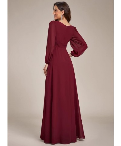 Women's Crewneck Lantern Sleeves A-Line Pleated Chiffon Maxi Formal Dress 0106B Burgundy $29.19 Dresses