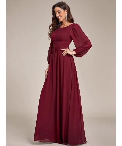 Women's Crewneck Lantern Sleeves A-Line Pleated Chiffon Maxi Formal Dress 0106B Burgundy $29.19 Dresses