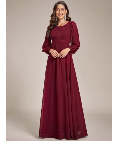 Women's Crewneck Lantern Sleeves A-Line Pleated Chiffon Maxi Formal Dress 0106B Burgundy $29.19 Dresses