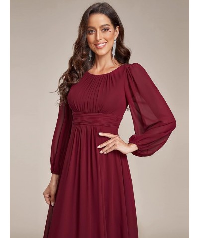 Women's Crewneck Lantern Sleeves A-Line Pleated Chiffon Maxi Formal Dress 0106B Burgundy $29.19 Dresses