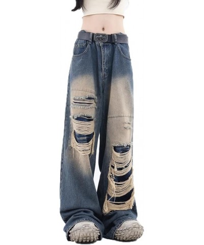 Women's Gothic Ripped Jeans High Waist Hip-Hop Vintage Y2k Denim Pants Oversize Harajuku Beggy Wide Leg Jeans Blue $19.94 Jeans