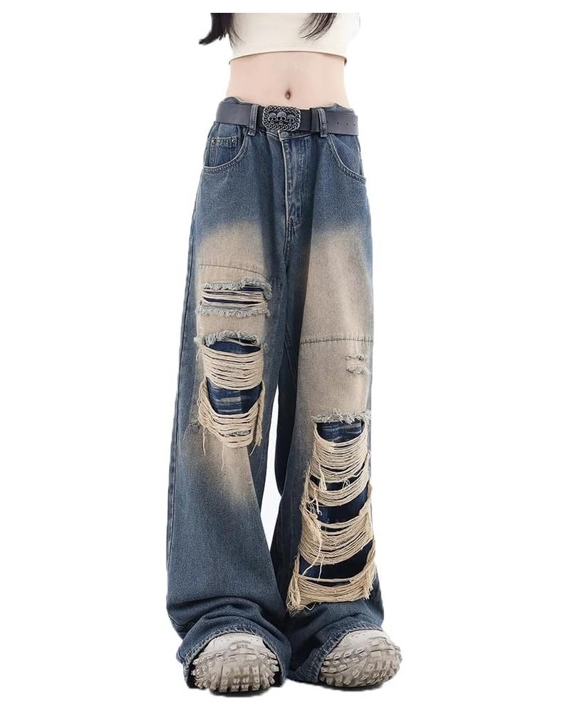 Women's Gothic Ripped Jeans High Waist Hip-Hop Vintage Y2k Denim Pants Oversize Harajuku Beggy Wide Leg Jeans Blue $19.94 Jeans