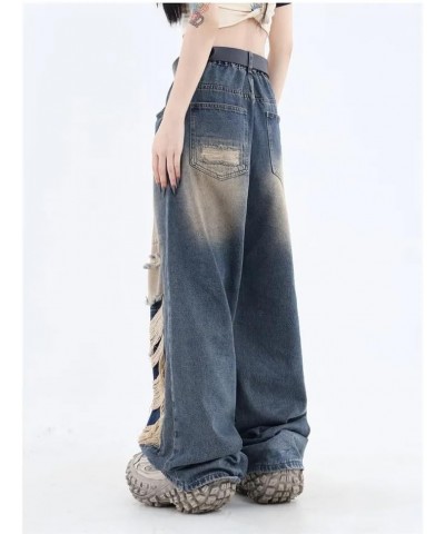 Women's Gothic Ripped Jeans High Waist Hip-Hop Vintage Y2k Denim Pants Oversize Harajuku Beggy Wide Leg Jeans Blue $19.94 Jeans