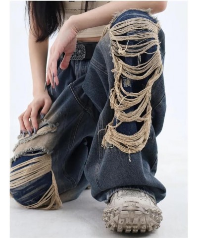 Women's Gothic Ripped Jeans High Waist Hip-Hop Vintage Y2k Denim Pants Oversize Harajuku Beggy Wide Leg Jeans Blue $19.94 Jeans