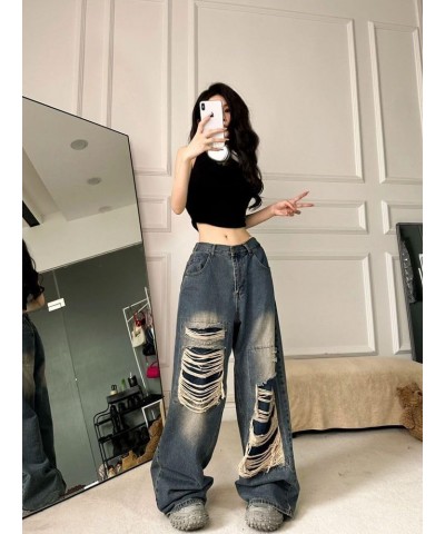 Women's Gothic Ripped Jeans High Waist Hip-Hop Vintage Y2k Denim Pants Oversize Harajuku Beggy Wide Leg Jeans Blue $19.94 Jeans