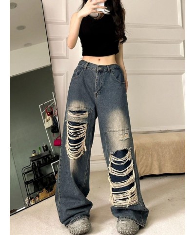 Women's Gothic Ripped Jeans High Waist Hip-Hop Vintage Y2k Denim Pants Oversize Harajuku Beggy Wide Leg Jeans Blue $19.94 Jeans