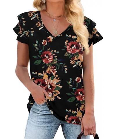 Womens Casual Tops Summer Ruffle Short Sleeve Tunic V Neck Loose Fit Flowy T Shirts Brown Floral Black $13.49 Tops