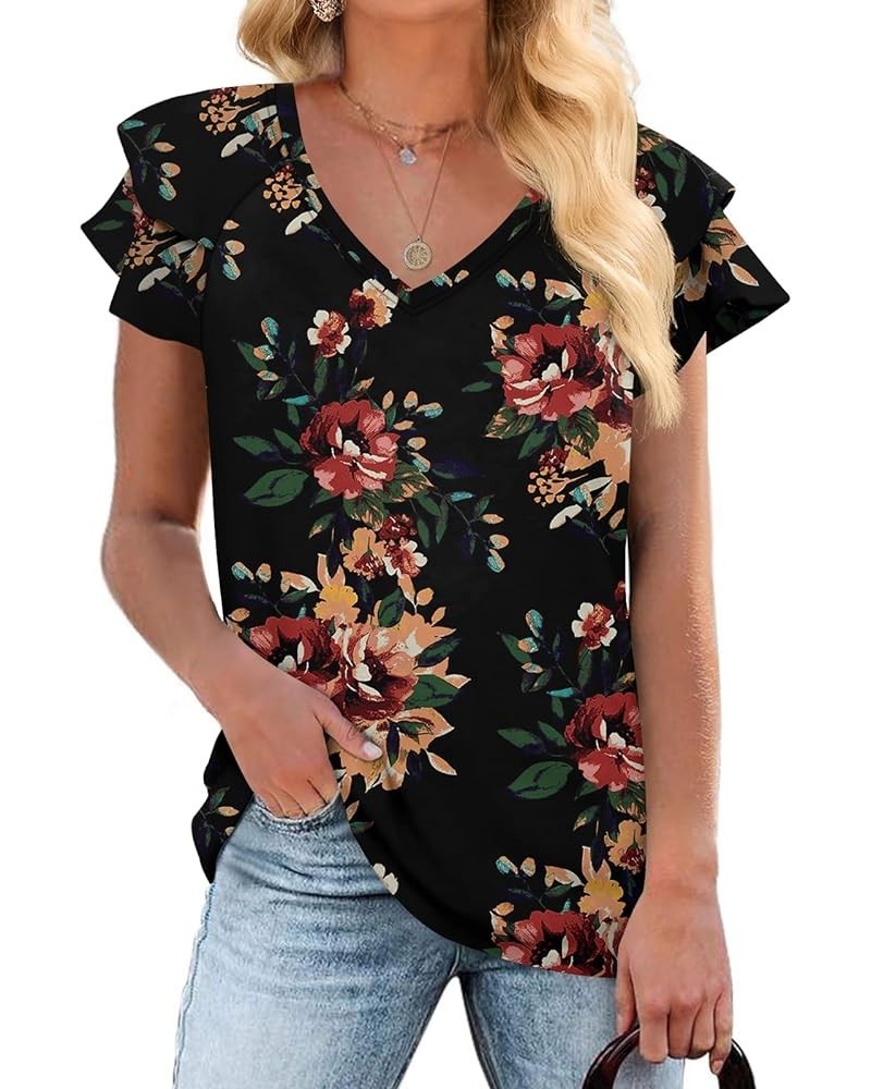 Womens Casual Tops Summer Ruffle Short Sleeve Tunic V Neck Loose Fit Flowy T Shirts Brown Floral Black $13.49 Tops