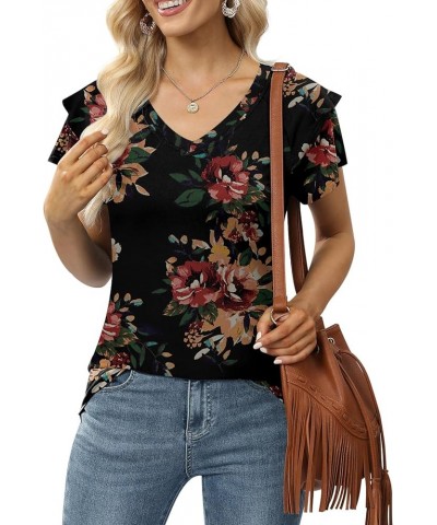 Womens Casual Tops Summer Ruffle Short Sleeve Tunic V Neck Loose Fit Flowy T Shirts Brown Floral Black $13.49 Tops