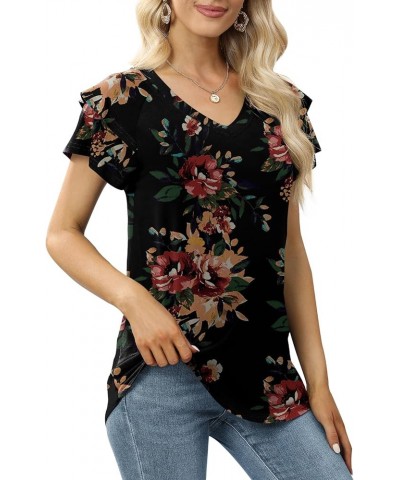 Womens Casual Tops Summer Ruffle Short Sleeve Tunic V Neck Loose Fit Flowy T Shirts Brown Floral Black $13.49 Tops