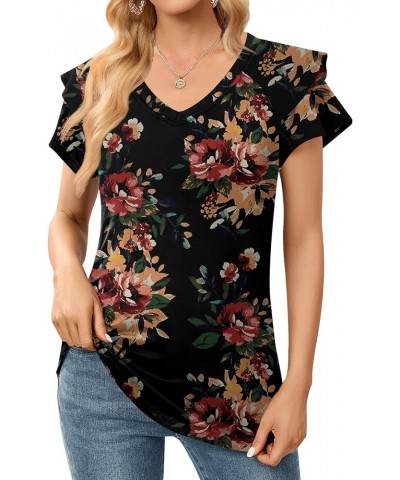 Womens Casual Tops Summer Ruffle Short Sleeve Tunic V Neck Loose Fit Flowy T Shirts Brown Floral Black $13.49 Tops