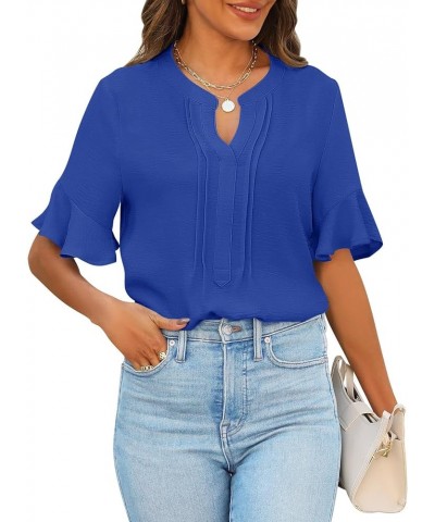 Women's 2024 Summer Casual Blouses Dressy Ruffle Sleeve V Neck Shirts Cobalt $13.63 Blouses