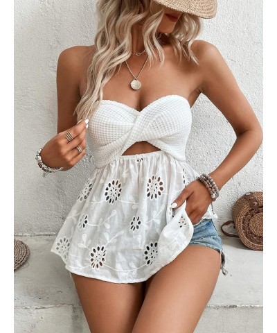 Women's Tie Front Frill Trim Peplum Bandeau Strapless Shirred Tube Tops Plain White $11.50 Tanks