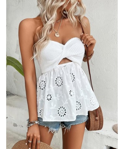 Women's Tie Front Frill Trim Peplum Bandeau Strapless Shirred Tube Tops Plain White $11.50 Tanks