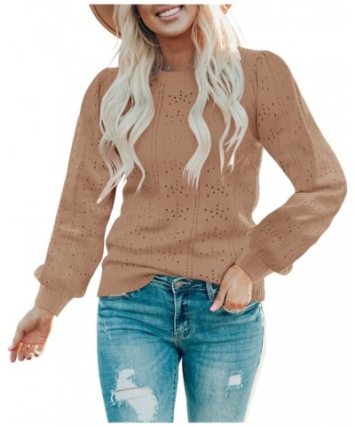 Womens Fall Puff Long Sleeve Pullover Sweaters Tops Soft Dot Crew Neck Shirt Lightweight Hollow Out Knit Sweater Khaki $9.67 ...