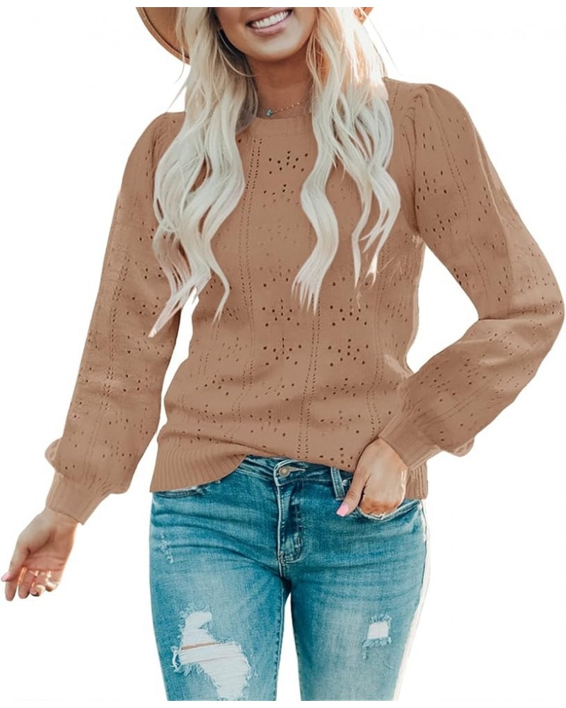 Womens Fall Puff Long Sleeve Pullover Sweaters Tops Soft Dot Crew Neck Shirt Lightweight Hollow Out Knit Sweater Khaki $9.67 ...