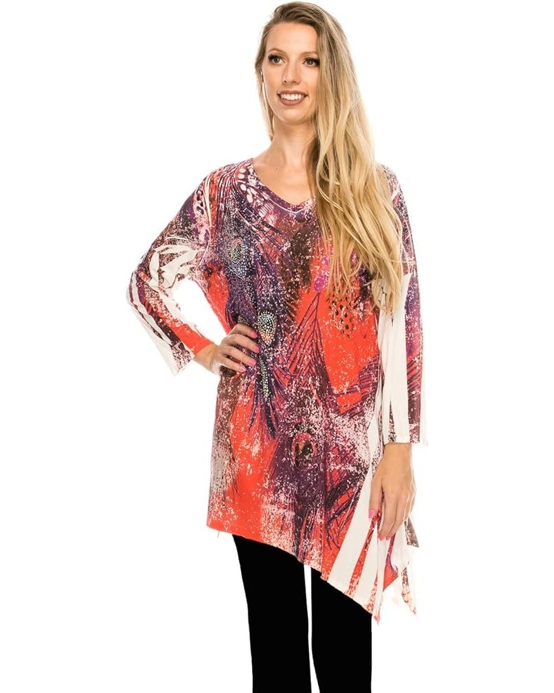 Women's Rhinestone Tunic Top - HIT V-Neck 3/4 Sleeve Casual Printed Binding T Shirts U171 Ivory $34.79 Tops