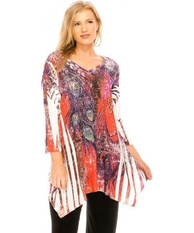 Women's Rhinestone Tunic Top - HIT V-Neck 3/4 Sleeve Casual Printed Binding T Shirts U171 Ivory $34.79 Tops