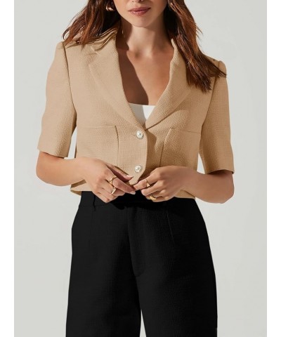 Women's Cropped Tweed Blazer Short Sleeve Casual Open Front Lapel Work Office Jacket Coat Khaki $18.86 Blazers