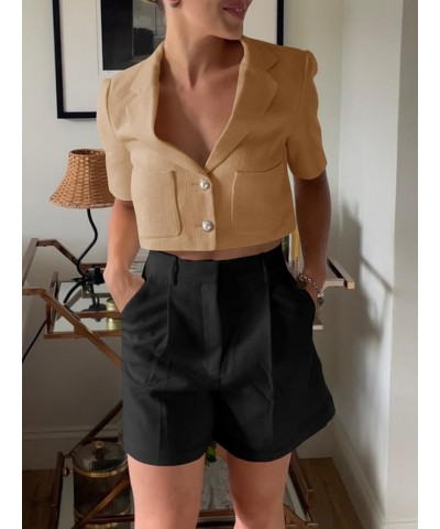 Women's Cropped Tweed Blazer Short Sleeve Casual Open Front Lapel Work Office Jacket Coat Khaki $18.86 Blazers