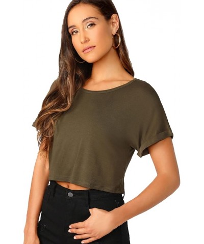 Women's Casual Round Neck Short Sleeve Soild Basic Crop Top T-Shirt Dark Army Green $14.99 T-Shirts