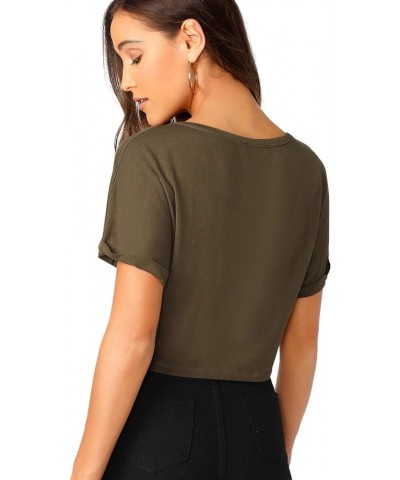 Women's Casual Round Neck Short Sleeve Soild Basic Crop Top T-Shirt Dark Army Green $14.99 T-Shirts