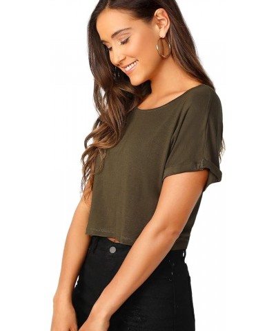 Women's Casual Round Neck Short Sleeve Soild Basic Crop Top T-Shirt Dark Army Green $14.99 T-Shirts