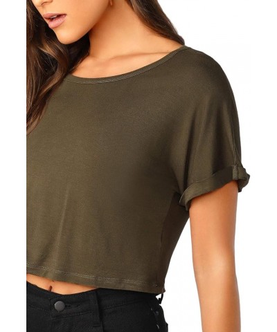 Women's Casual Round Neck Short Sleeve Soild Basic Crop Top T-Shirt Dark Army Green $14.99 T-Shirts