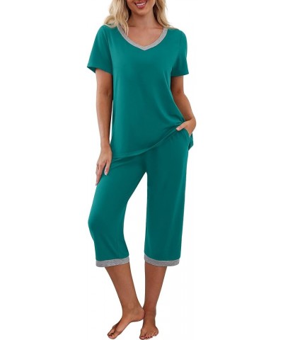 Women's Pajama Set Short Sleeve Shirt and Capri Pants Sleepwear Pjs Sets with Pockets Dark Lake Blue $14.00 Sleep & Lounge