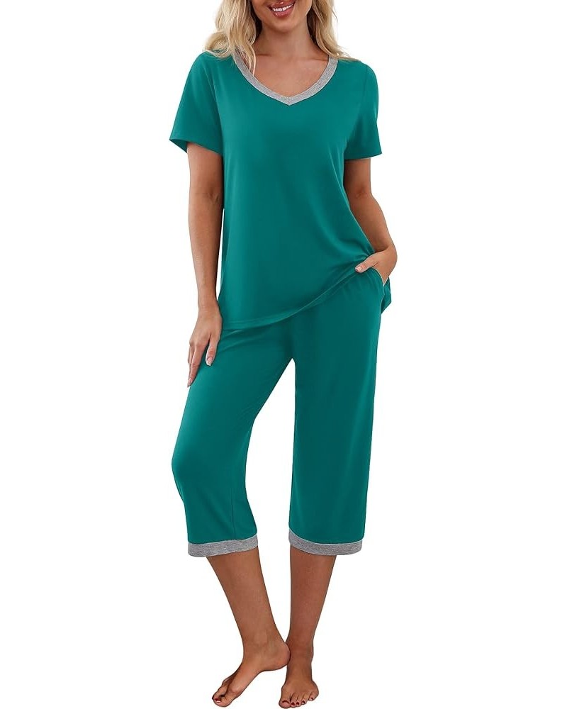 Women's Pajama Set Short Sleeve Shirt and Capri Pants Sleepwear Pjs Sets with Pockets Dark Lake Blue $14.00 Sleep & Lounge